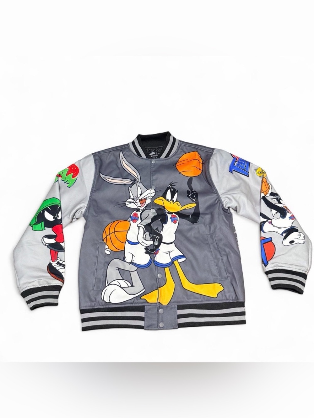 Looney Tunes Varsity Bomber Jacket - Gray with Character Graphics